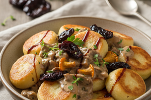 Kashubian Potato Dumplings 'Ziemniaczane Oczka' with Mushroom Sauce and Smoked Plum