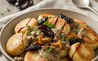 Kashubian Potato Dumplings 'Ziemniaczane Oczka' with Mushroom Sauce and Smoked Plum