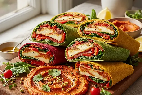 Kolorowe Wrapy z Grillowanym Halloumi i Humusem z Pieczonej Papryki