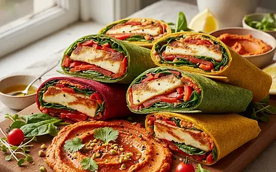 Kolorowe Wrapy z Grillowanym Halloumi i Humusem z Pieczonej Papryki