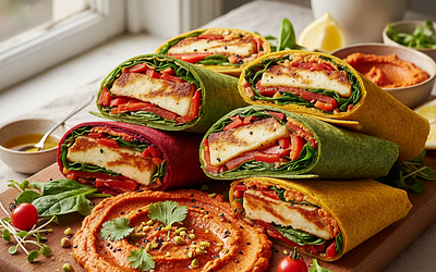 Kolorowe Wrapy z Grillowanym Halloumi i Humusem z Pieczonej Papryki