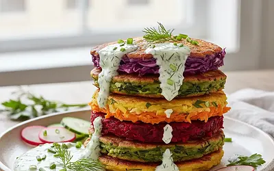 Rainbow Vegetable Pancakes with Yogurt-Herb Sauce