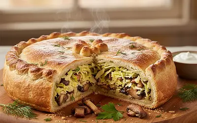 Christmas Kulebiak with Cabbage and Mushrooms