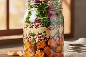 Autumn Layered Salad in a Jar with Roasted Sweet Potato, Quinoa, and Tahini Dressing