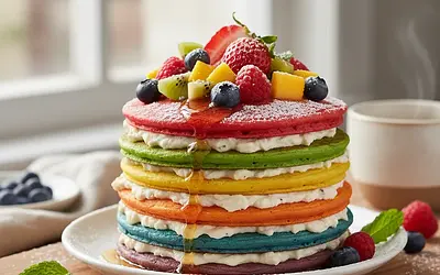 Rainbow Spinach Pancakes with Cottage Cheese Filling and Fruits