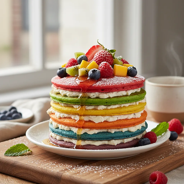Rainbow Spinach Pancakes with Cottage Cheese Filling and Fruits
