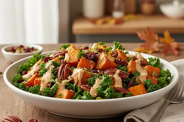 Jesienna Sałatka Mocy z Pieczonym Batatem, Jarmużem i Sosem Tahini-Pomarańczowym