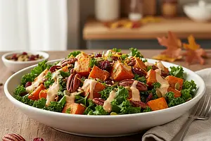 Autumn Power Salad with Roasted Sweet Potato, Kale, and Tahini-Orange Dressing