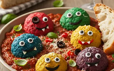 Colorful Monster Turkey Meatballs in Tomato Sauce