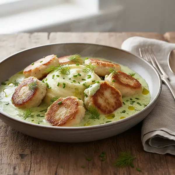 Kaszubskie Klopsiki Rybne w Sosie Chrzanowo-Koperkowym na Purée z Pietruszki