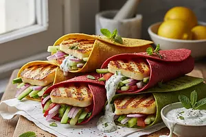 Colorful Wraps with Grilled Halloumi and Mint-Yogurt Sauce