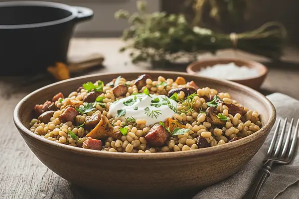 Kroupoto s houbami a uzeným masem (Czeskie risotto jęczmienne z grzybami i wędzonym boczkiem)
