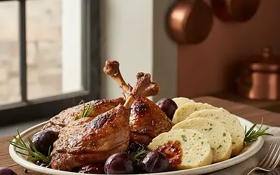 Pieczone udka z kaczki w sosie śliwkowym z knedlikami karlowarskimi