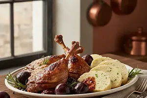 Pieczone udka z kaczki w sosie śliwkowym z knedlikami karlowarskimi