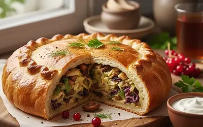 Christmas Kulebiak with Cabbage and Mushrooms