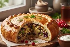 Christmas Kulebiak with Cabbage and Mushrooms