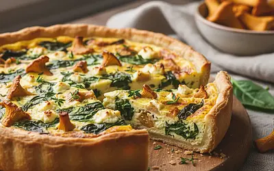 Sezonowy quiche z kurkami, szpinakiem i serem feta