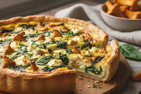 Sezonowy quiche z kurkami, szpinakiem i serem feta