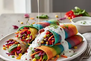 Rainbow Pancakes with Vegetable Filling and Yogurt Sauce