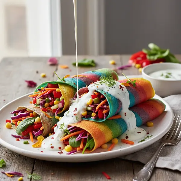 Rainbow Pancakes with Vegetable Filling and Yogurt Sauce