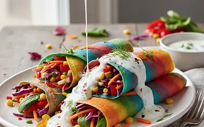 Rainbow Pancakes with Vegetable Filling and Yogurt Sauce