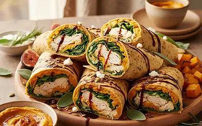 Jesienne Wrapy z Pieczonym Dyniowym Humusem i Kurczakiem