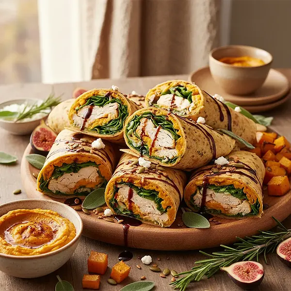 Autumn Wraps with Roasted Pumpkin Hummus and Chicken