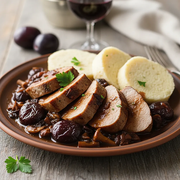 Czech Pork Tenderloin with Plums in Mushroom Sauce with Bread Dumplings