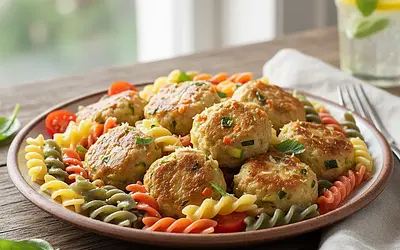 Colorful Chicken Meatballs with Hidden Vegetables and Rainbow Pasta