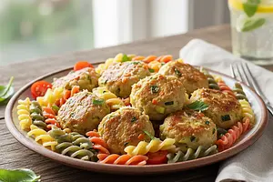Colorful Chicken Meatballs with Hidden Vegetables and Rainbow Pasta