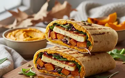 Jesienny Wrap z Pieczonym Dyniowym Humusem i Grillowanym Halloumi