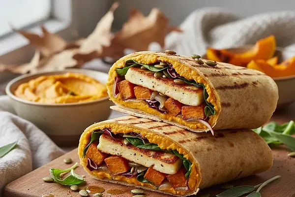 Jesienny Wrap z Pieczonym Dyniowym Humusem i Grillowanym Halloumi