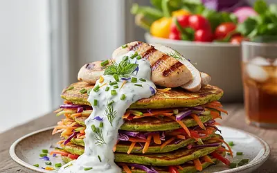 Rainbow Vegetable Pancakes with Chicken and Yogurt Sauce