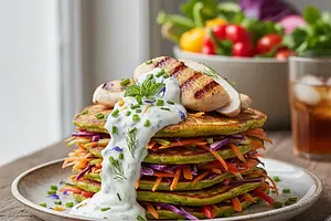 Rainbow Vegetable Pancakes with Chicken and Yogurt Sauce