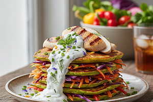 Rainbow Vegetable Pancakes with Chicken and Yogurt Sauce