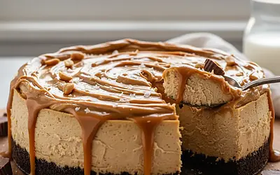 Aksamitny sernik bez pieczenia z masłem orzechowym i solonym karmelem