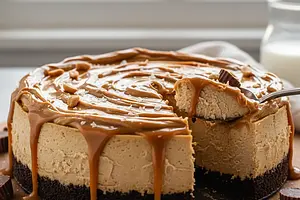 Aksamitny sernik bez pieczenia z masłem orzechowym i solonym karmelem