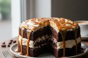Intensely Chocolate Cake with White Chocolate Mousse and Salted Caramel