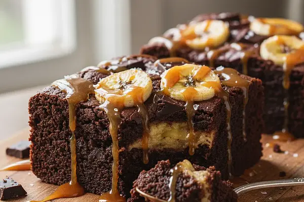 Bananowe Brownie z Podwójną Czekoladą i Słonym Karmelem