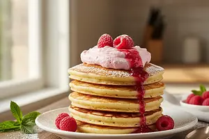 Fluffy Biscuit Pancakes from the Pan with Raspberry Mousse