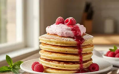 Fluffy Biscuit Pancakes from the Pan with Raspberry Mousse