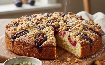Quick Plum Yeast Cake with Cardamom Crumble