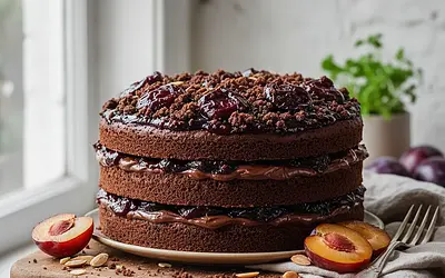 Velvety chocolate cake with plum jam and cocoa crumble