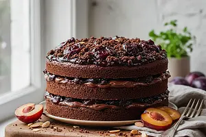 Velvety chocolate cake with plum jam and cocoa crumble