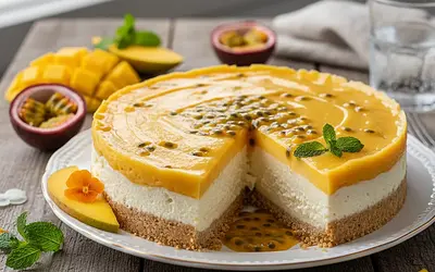 Velvety Yogurt Cheesecake with Mango-Passion Fruit Mousse