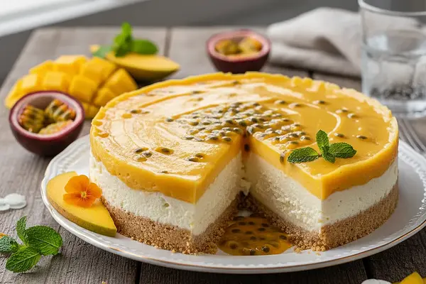 Aksamitny Sernik Jogurtowy na Zimno z Musem Mango-Marakuja