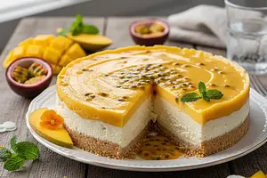 Velvety Yogurt Cheesecake with Mango-Passion Fruit Mousse