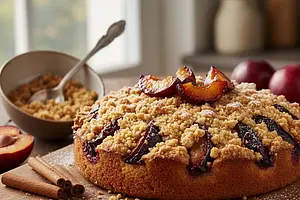 Buttery Crumb Cake with Plums and Cinnamon Crumble