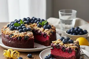 Aksamitne Ciasto Jogurtowe z Borówkami i Cytrynową Kruszonką