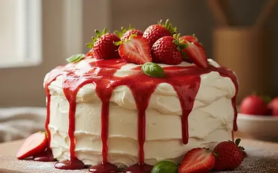 Fluffy Vanilla Sponge Cake with Mascarpone Cream and Strawberry Basil Syrup